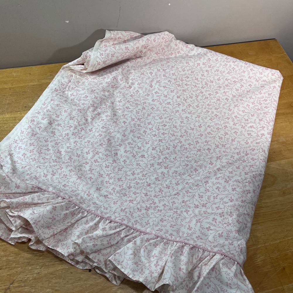 Laura Ashley Flat Sheet Queen Pink White Vtg Floral Ruffle Cottagecore USA